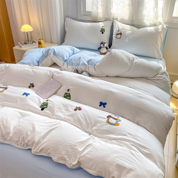 91家纺网 家纺一手货源 找家纺 （总）多品家纺 2025新款超柔水洗棉毛巾绣四件套系列-豆丁企鹅