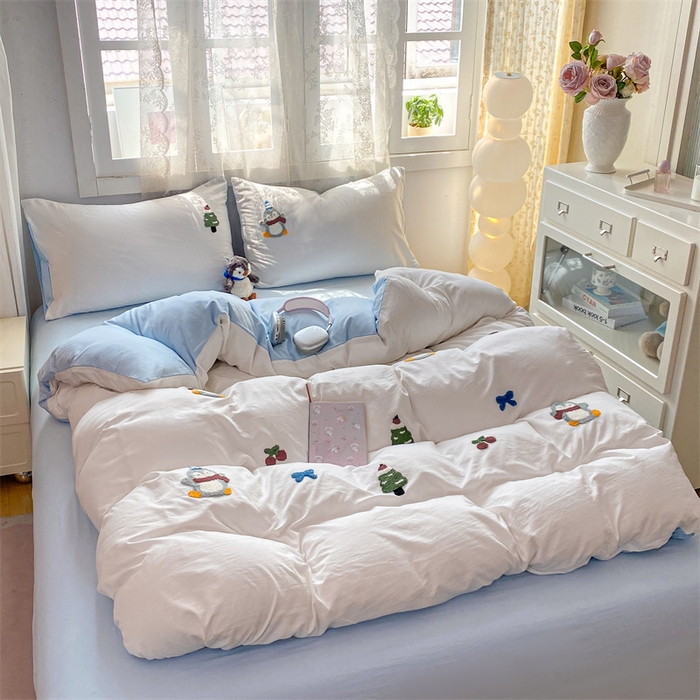 91家纺网 家纺一手货源 找家纺 （总）多品家纺 2025新款超柔水洗棉毛巾绣四件套系列-豆丁企鹅