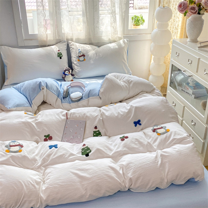 91家纺网 家纺一手货源 找家纺 （总）多品家纺 2025新款超柔水洗棉毛巾绣四件套系列-豆丁企鹅