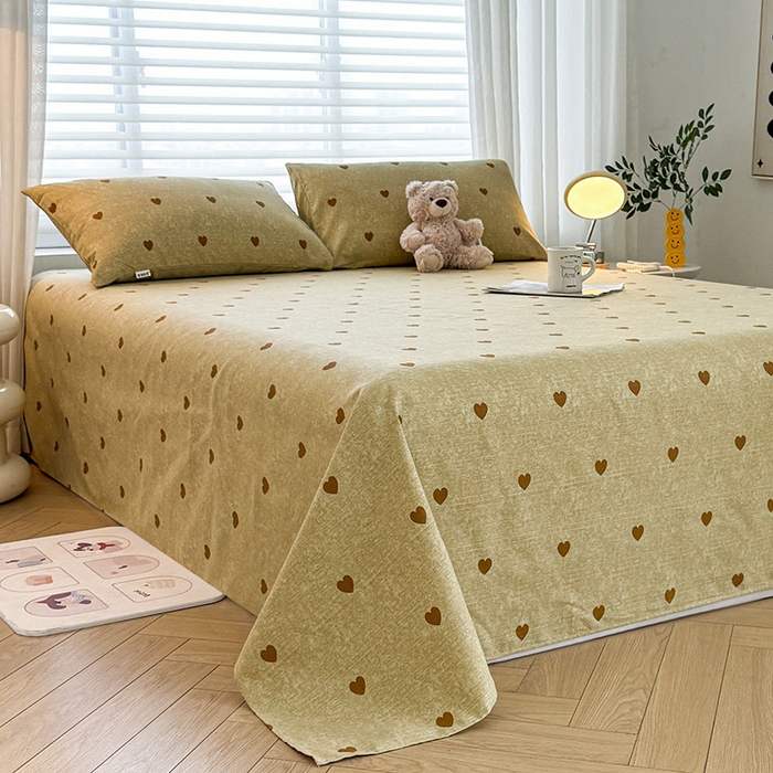 91家纺网 家纺一手货源 找家纺 红日子纺织品 2025新款直播热卖原棉提花锻条老粗布印花床单三件套 爱心