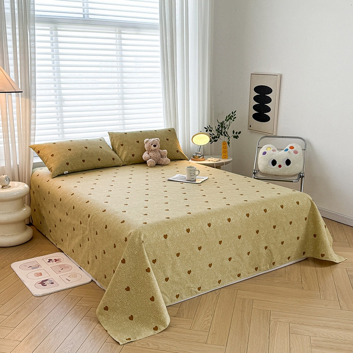 91家纺网 家纺一手货源 找家纺 红日子纺织品 2025新款直播热卖原棉提花锻条老粗布印花床单三件套 爱心