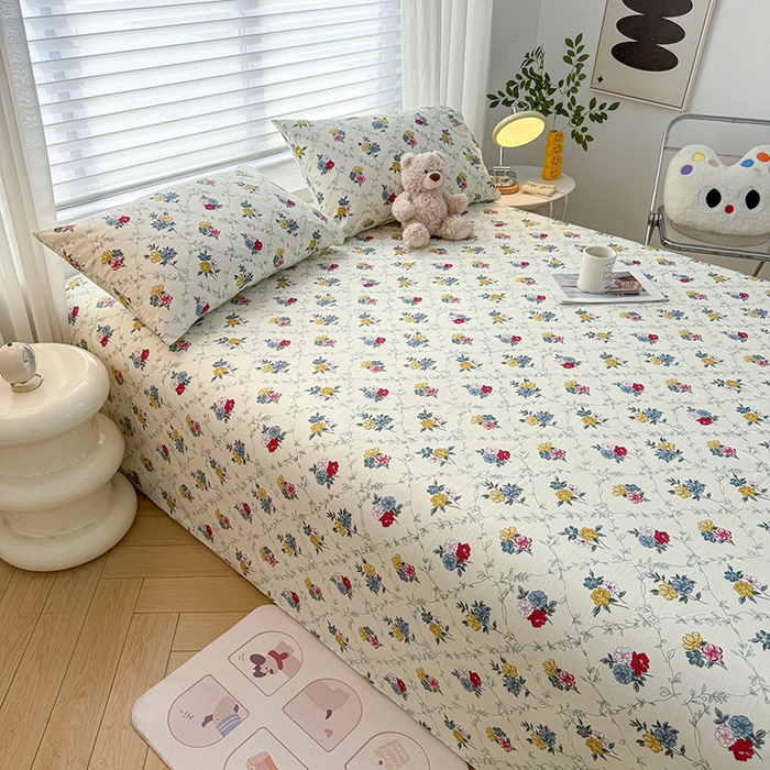 91家纺网 家纺一手货源 找家纺 红日子纺织品 2025新款直播热卖原棉提花锻条老粗布印花床单三件套 花海