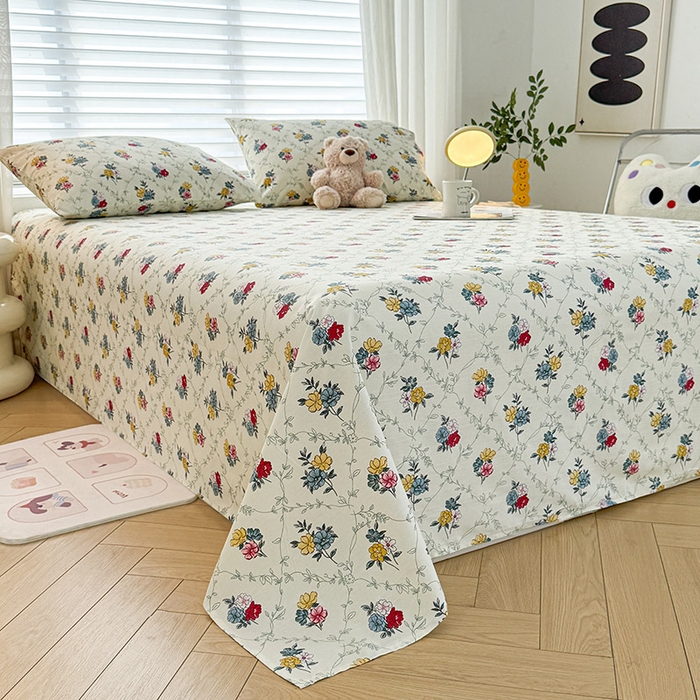 91家纺网 家纺一手货源 找家纺 红日子纺织品 2025新款直播热卖原棉提花锻条老粗布印花床单三件套 花海