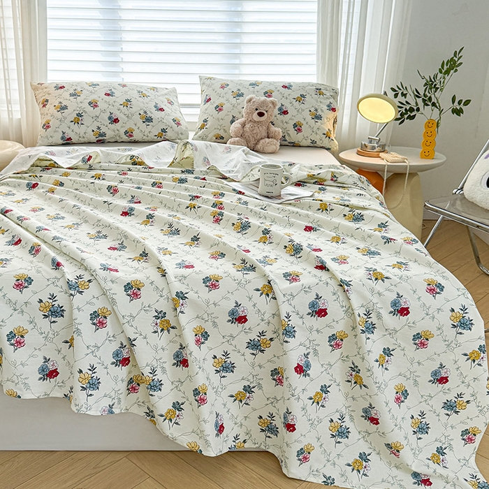 91家纺网 家纺一手货源 找家纺 红日子纺织品 2025新款直播热卖原棉提花锻条老粗布印花床单三件套 花海