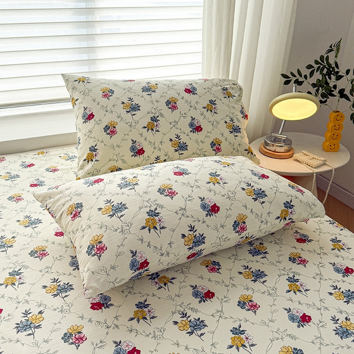 91家纺网 家纺一手货源 找家纺 红日子纺织品 2025新款直播热卖原棉提花锻条老粗布印花床单三件套 花海