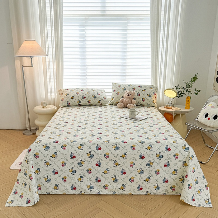 91家纺网 家纺一手货源 找家纺 红日子纺织品 2025新款直播热卖原棉提花锻条老粗布印花床单三件套 花海