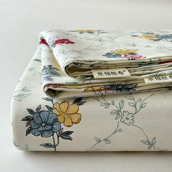 91家纺网 家纺一手货源 找家纺 红日子纺织品 2025新款直播热卖原棉提花锻条老粗布印花床单三件套 花海