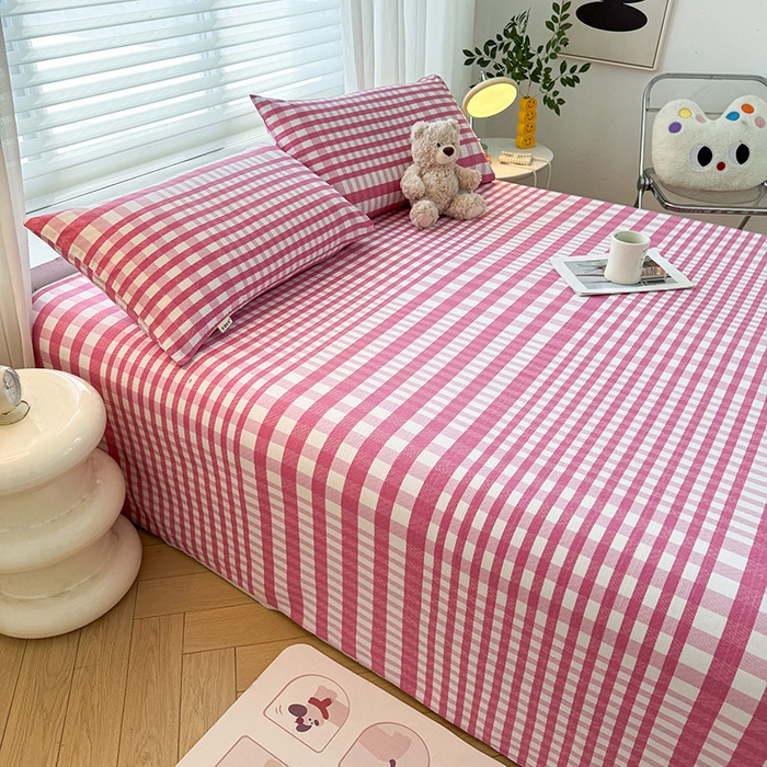 91家纺网 家纺一手货源 找家纺 红日子纺织品 2025新款直播热卖原棉提花锻条老粗布印花床单三件套 格调-粉