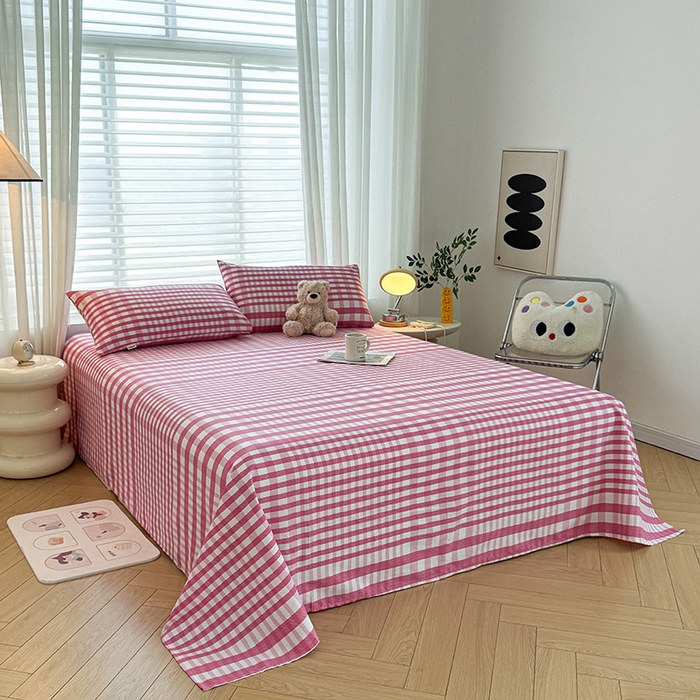 91家纺网 家纺一手货源 找家纺 红日子纺织品 2025新款直播热卖原棉提花锻条老粗布印花床单三件套 格调-粉