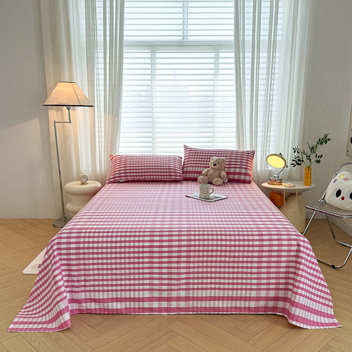 91家纺网 家纺一手货源 找家纺 红日子纺织品 2025新款直播热卖原棉提花锻条老粗布印花床单三件套 格调-粉