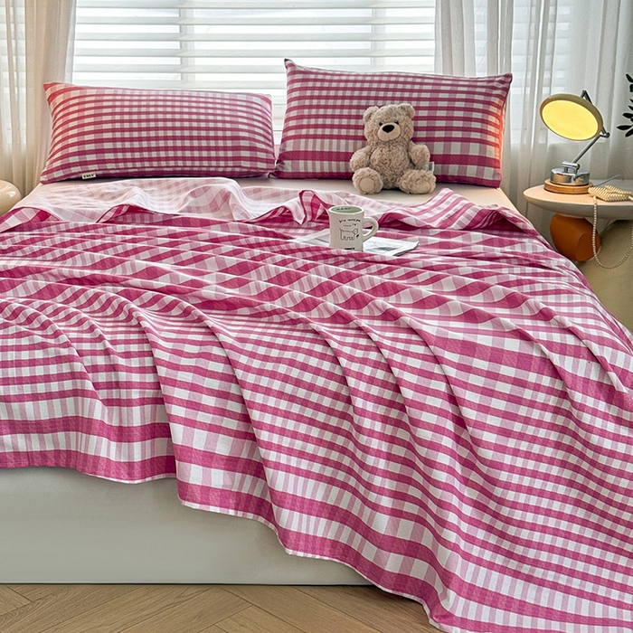 91家纺网 家纺一手货源 找家纺 红日子纺织品 2025新款直播热卖原棉提花锻条老粗布印花床单三件套 格调-粉