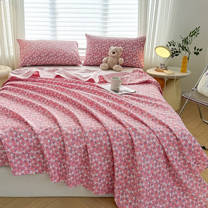 91家纺网 家纺一手货源 找家纺 红日子纺织品 2025新款直播热卖原棉提花锻条老粗布印花床单三件套 繁花-粉