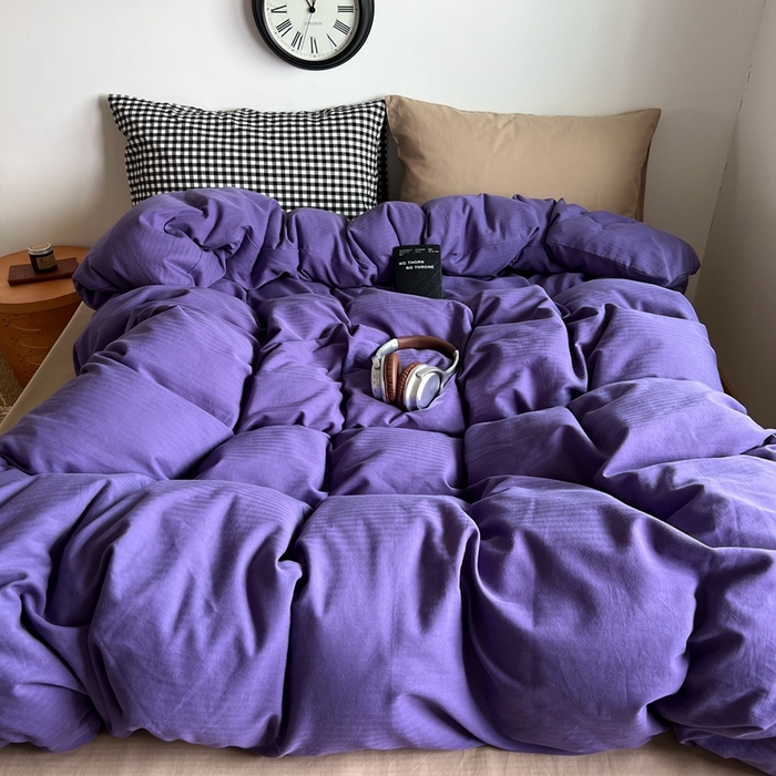 91家纺网 家纺一手货源 找家纺 蜜宿 2025新款全棉人字纹四件套（紫萝奶咖） 紫萝奶咖（黑小格混搭奶咖）