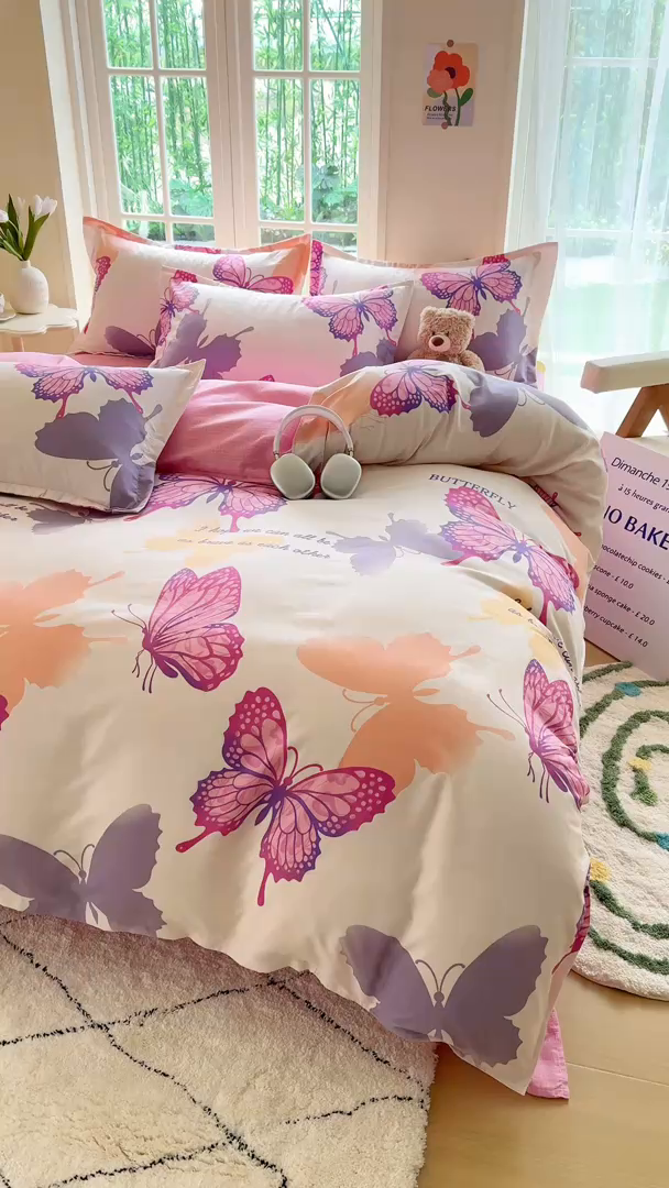 91家纺网 家纺一手货源 找家纺 正莱欣 2025新品加厚生态棉磨毛四件套高克重植物羊绒床单款床笠款四件套大量现货 蝴蝶幽幽