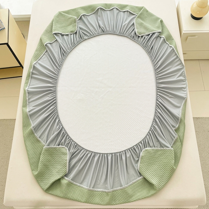 91家纺网 家纺一手货源 找家纺 恋佳居2025新款A类乙伦PE凉豆豆毛巾绣床笠冰丝席（床笠款） 比翼双飞—绿