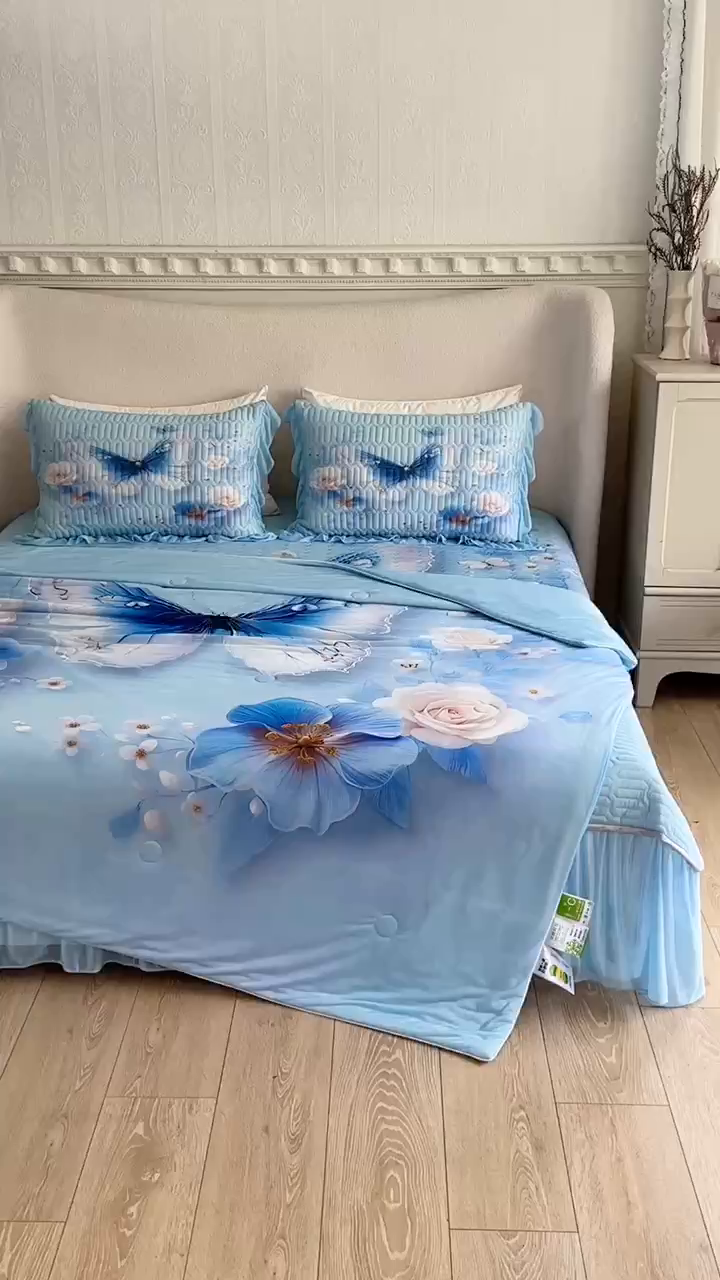 91家纺网 家纺一手货源 找家纺 （总）苹果星家纺 2025新款5D数码印花凉干丝床裙床盖凉席夏被四件套