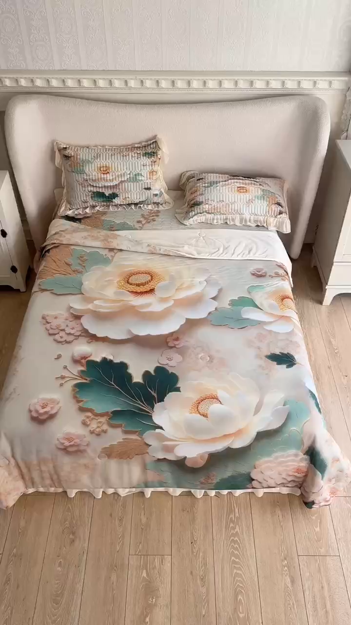 91家纺网 家纺一手货源 找家纺 （总）苹果星家纺 2025新款5D数码印花凉干丝床裙床盖凉席夏被四件套