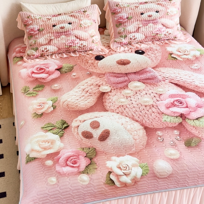 91家纺网 家纺一手货源 找家纺 苹果星家纺 2025新款5D数码印花凉干丝床裙床盖凉席夏被四件套 爱心熊