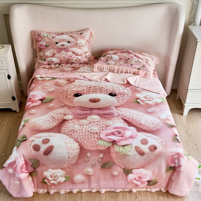 91家纺网 家纺一手货源 找家纺 苹果星家纺 2025新款5D数码印花凉干丝床裙床盖凉席夏被四件套 爱心熊