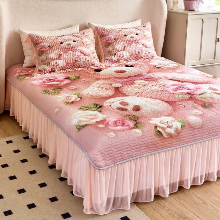 91家纺网 家纺一手货源 找家纺 苹果星家纺 2025新款5D数码印花凉干丝床裙床盖凉席夏被四件套 爱心熊