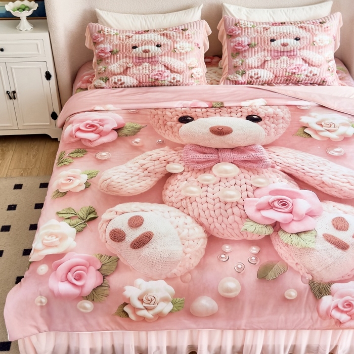 91家纺网 家纺一手货源 找家纺 苹果星家纺 2025新款5D数码印花凉干丝床裙床盖凉席夏被四件套 爱心熊