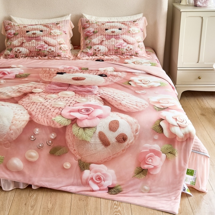 91家纺网 家纺一手货源 找家纺 苹果星家纺 2025新款5D数码印花凉干丝床裙床盖凉席夏被四件套 爱心熊