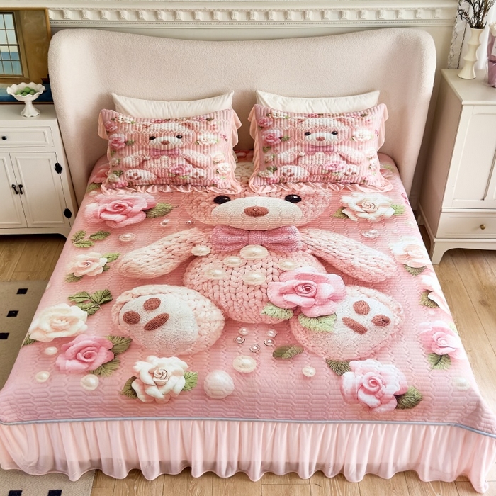 91家纺网 家纺一手货源 找家纺 苹果星家纺 2025新款5D数码印花凉干丝床裙床盖凉席夏被四件套 爱心熊