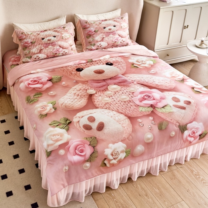 91家纺网 家纺一手货源 找家纺 苹果星家纺 2025新款5D数码印花凉干丝床裙床盖凉席夏被四件套 爱心熊