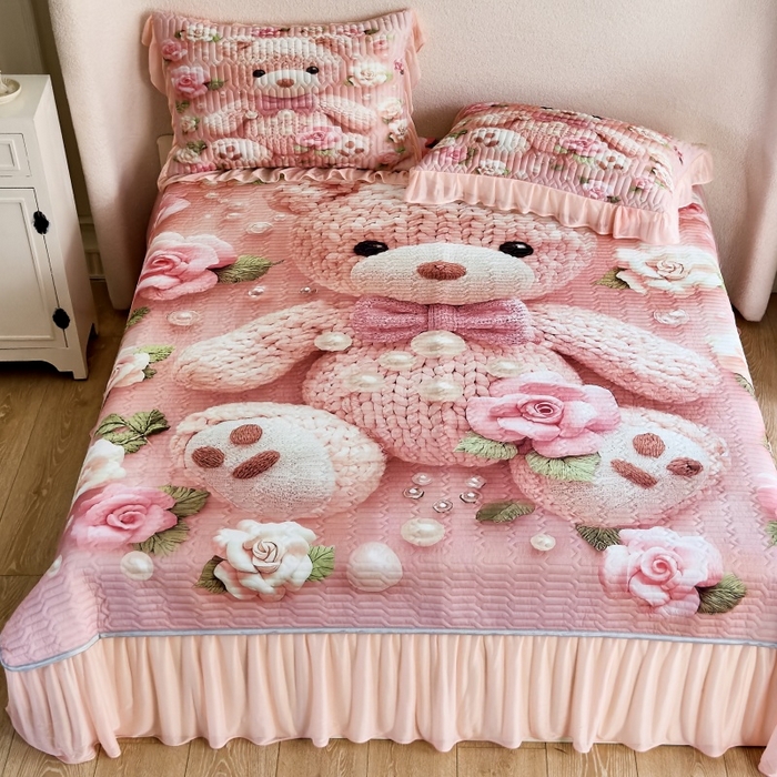 苹果星家纺 2025新款5D数码印花凉干丝床裙床盖凉席夏被四件套 爱心熊