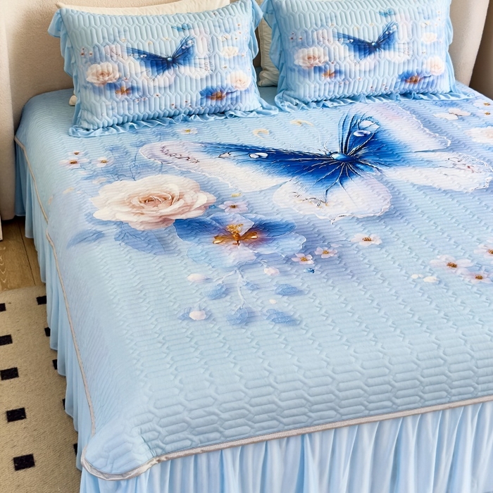 91家纺网 家纺一手货源 找家纺 苹果星家纺 2025新款5D数码印花凉干丝床裙床盖凉席夏被四件套 蓝蝶