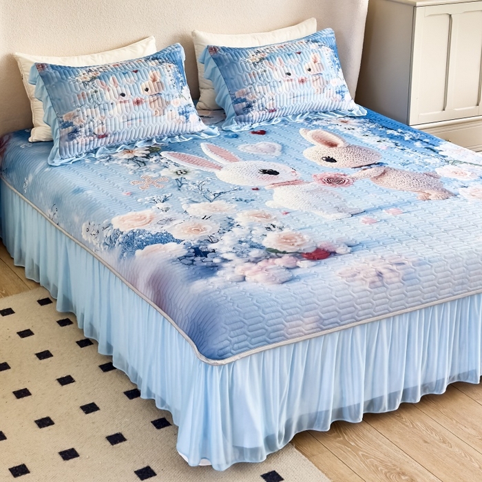 91家纺网 家纺一手货源 找家纺 苹果星家纺 2025新款5D数码印花凉干丝床裙床盖凉席夏被四件套 萌兔