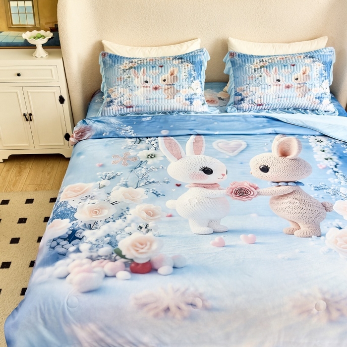 91家纺网 家纺一手货源 找家纺 苹果星家纺 2025新款5D数码印花凉干丝床裙床盖凉席夏被四件套 萌兔