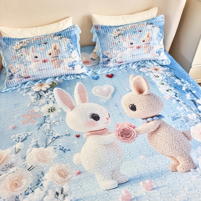 91家纺网 家纺一手货源 找家纺 苹果星家纺 2025新款5D数码印花凉干丝床裙床盖凉席夏被四件套 萌兔