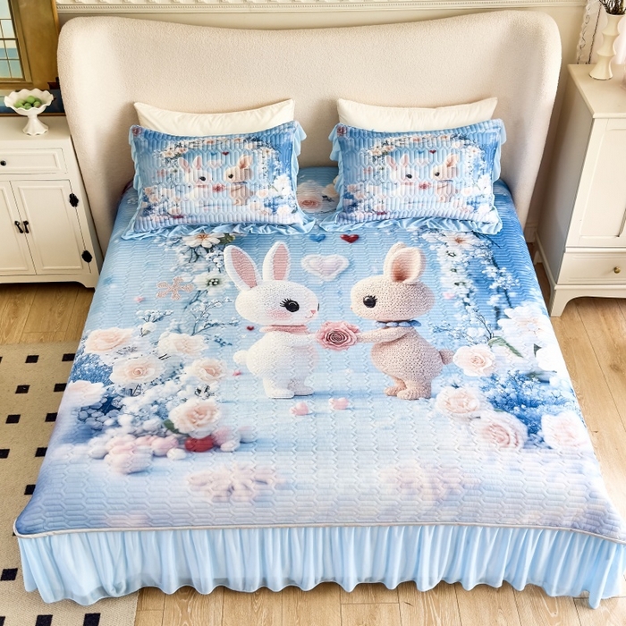 91家纺网 家纺一手货源 找家纺 苹果星家纺 2025新款5D数码印花凉干丝床裙床盖凉席夏被四件套 萌兔