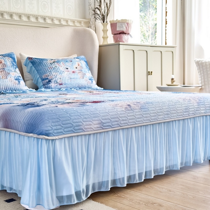 91家纺网 家纺一手货源 找家纺 苹果星家纺 2025新款5D数码印花凉干丝床裙床盖凉席夏被四件套 萌兔