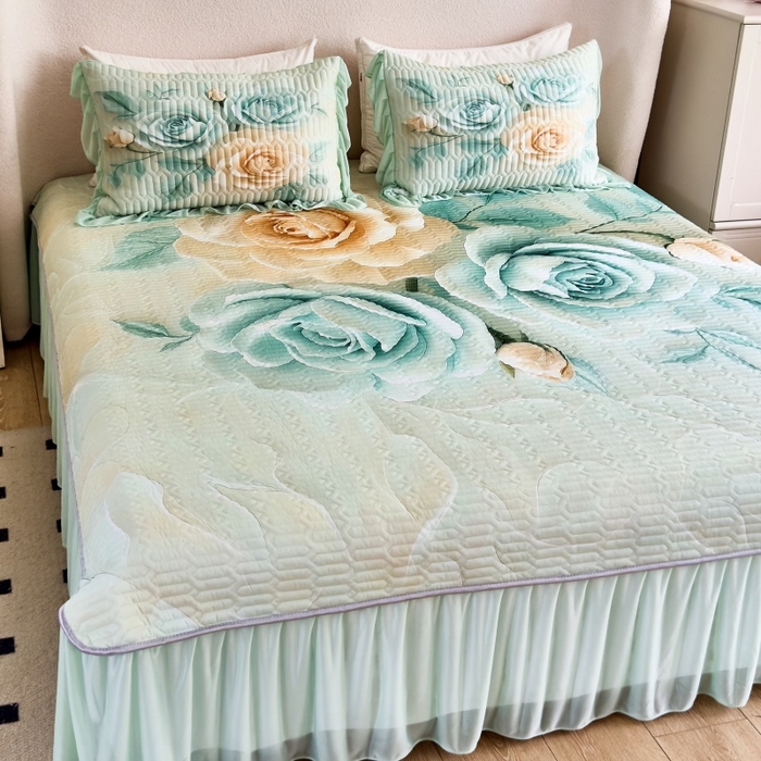 91家纺网 家纺一手货源 找家纺 苹果星家纺 2025新款5D数码印花凉干丝床裙床盖凉席夏被四件套 青韵玫瑰