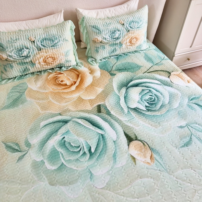 91家纺网 家纺一手货源 找家纺 苹果星家纺 2025新款5D数码印花凉干丝床裙床盖凉席夏被四件套 青韵玫瑰