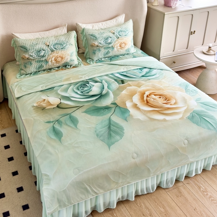 91家纺网 家纺一手货源 找家纺 苹果星家纺 2025新款5D数码印花凉干丝床裙床盖凉席夏被四件套 青韵玫瑰