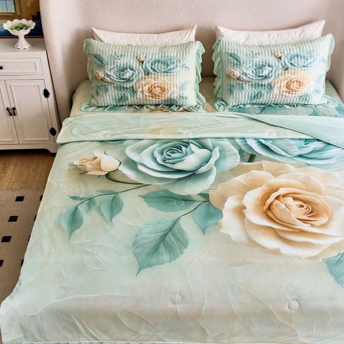 91家纺网 家纺一手货源 找家纺 苹果星家纺 2025新款5D数码印花凉干丝床裙床盖凉席夏被四件套 青韵玫瑰