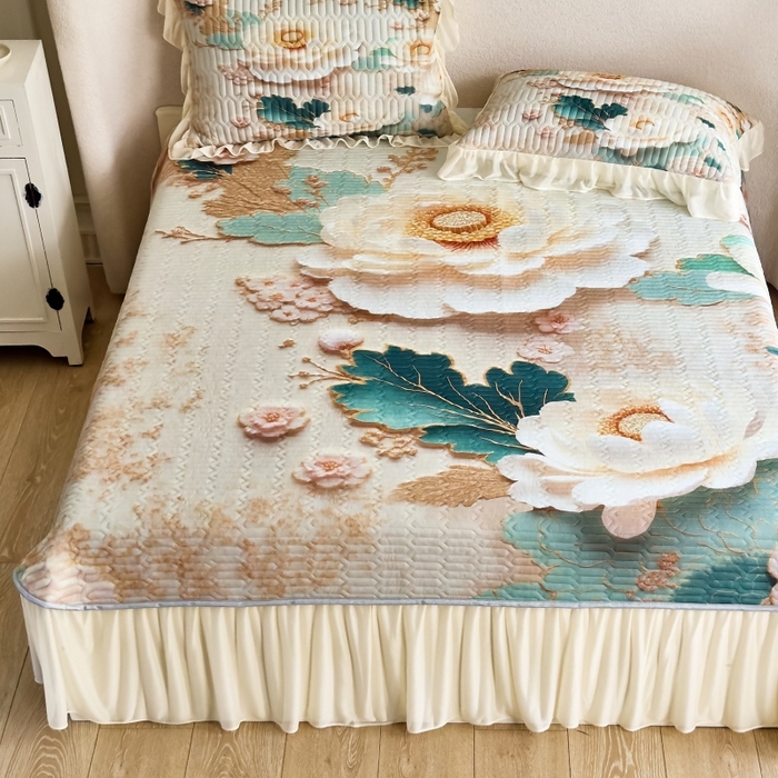 苹果星家纺 2025新款5D数码印花凉干丝床裙床盖凉席夏被四件套 云栖花影