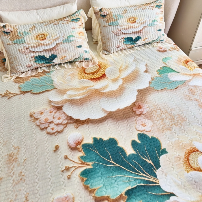 91家纺网 家纺一手货源 找家纺 苹果星家纺 2025新款5D数码印花凉干丝床裙床盖凉席夏被四件套 云栖花影