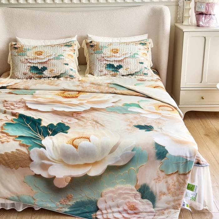 91家纺网 家纺一手货源 找家纺 苹果星家纺 2025新款5D数码印花凉干丝床裙床盖凉席夏被四件套 云栖花影