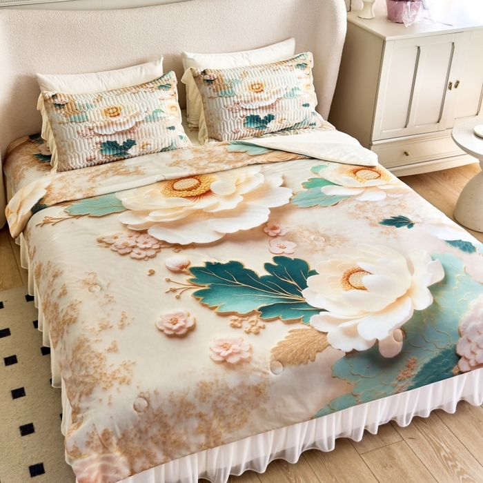 91家纺网 家纺一手货源 找家纺 苹果星家纺 2025新款5D数码印花凉干丝床裙床盖凉席夏被四件套 云栖花影