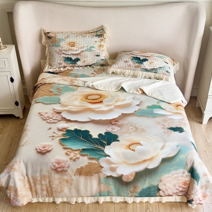 91家纺网 家纺一手货源 找家纺 苹果星家纺 2025新款5D数码印花凉干丝床裙床盖凉席夏被四件套 云栖花影