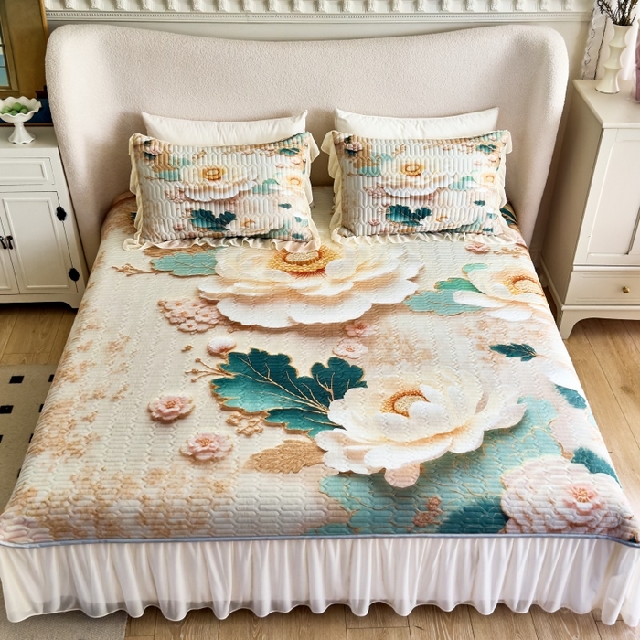 91家纺网 家纺一手货源 找家纺 苹果星家纺 2025新款5D数码印花凉干丝床裙床盖凉席夏被四件套 云栖花影