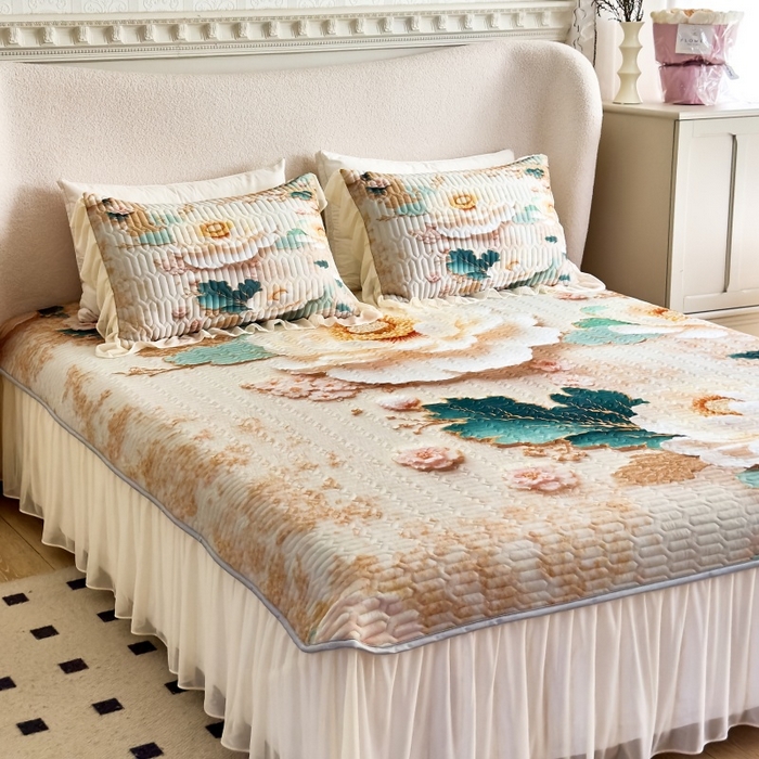 91家纺网 家纺一手货源 找家纺 苹果星家纺 2025新款5D数码印花凉干丝床裙床盖凉席夏被四件套 云栖花影