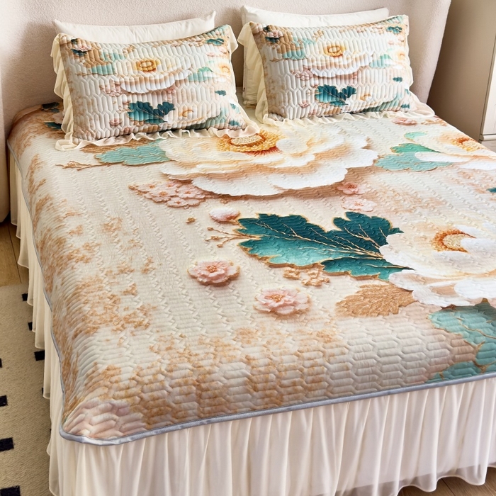 91家纺网 家纺一手货源 找家纺 苹果星家纺 2025新款5D数码印花凉干丝床裙床盖凉席夏被四件套 云栖花影