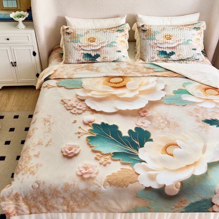 91家纺网 家纺一手货源 找家纺 苹果星家纺 2025新款5D数码印花凉干丝床裙床盖凉席夏被四件套 云栖花影
