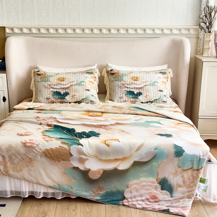 91家纺网 家纺一手货源 找家纺 苹果星家纺 2025新款5D数码印花凉干丝床裙床盖凉席夏被四件套 云栖花影