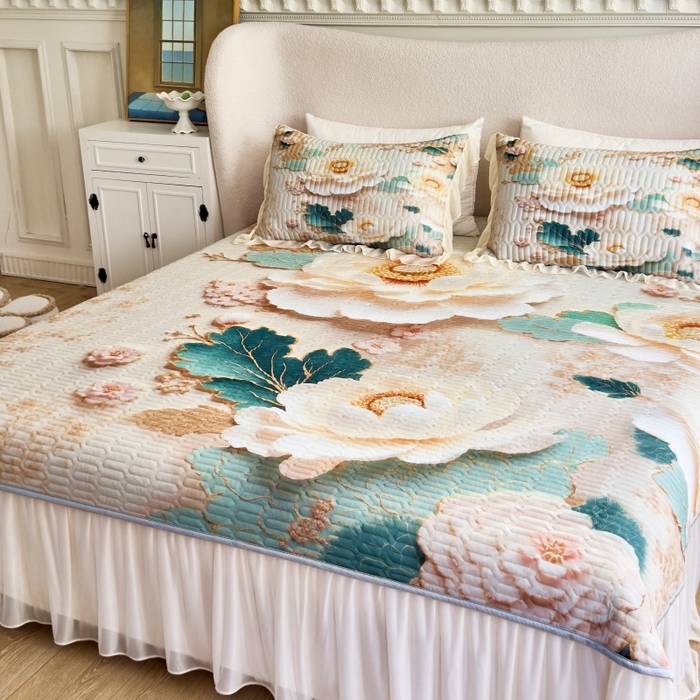 91家纺网 家纺一手货源 找家纺 苹果星家纺 2025新款5D数码印花凉干丝床裙床盖凉席夏被四件套 云栖花影